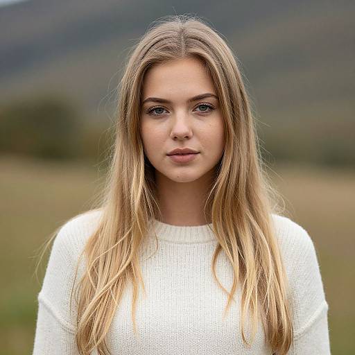 Photograph of a young Caucasian woman with long, straight blonde hair, wearing a white knit sweater, standing in a blurred outdoor field with mountains in the