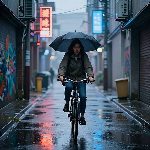 Cozy Urban Cyclist in Rainy Alley