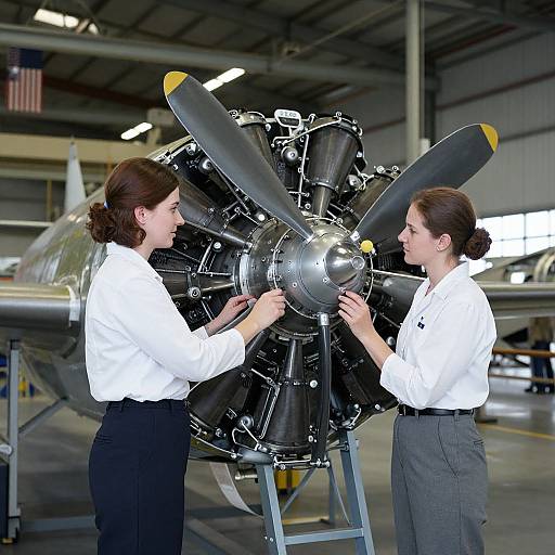 Woman Working on Airplane Motor