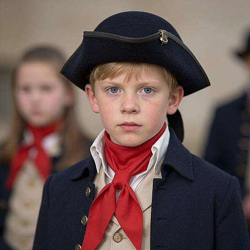 Photograph of a young boy with blue eyes, wearing an 18th-century-style black tricorn hat, red neckerchief, and dark coat