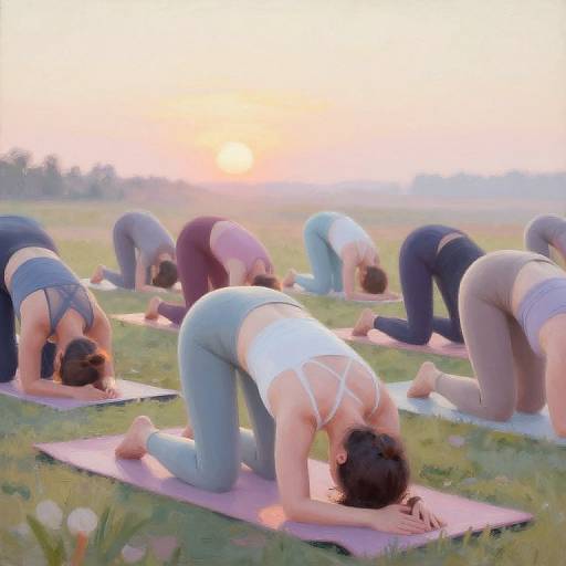 Photograph of six women in yoga pants and sports bras performing downward dog stretches on pink mats in a grassy field at sunset.