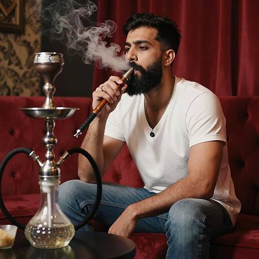 Man Smoking Hookah on Red Couch