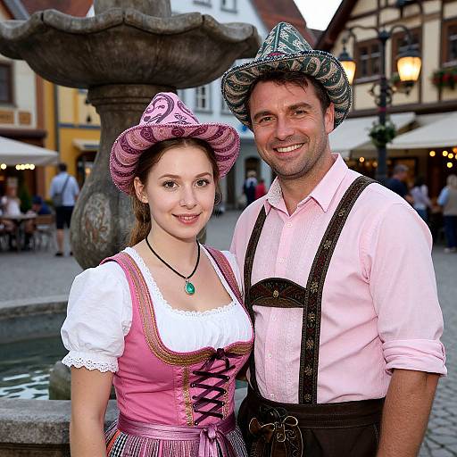 Photograph of a smiling Caucasian couple in Bavarian attire, pink and black outfits, traditional hats, standing in a European town square with a fountain in