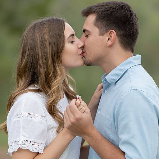 Photograph of a young couple kissing outdoors, with the woman in a white lace top and the man in a light blue shirt.