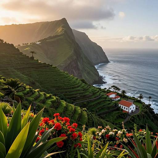 Photograph of a lush, terraced hillside with vibrant red flowers, green foliage, a white house with a red roof, and a dramatic cliff