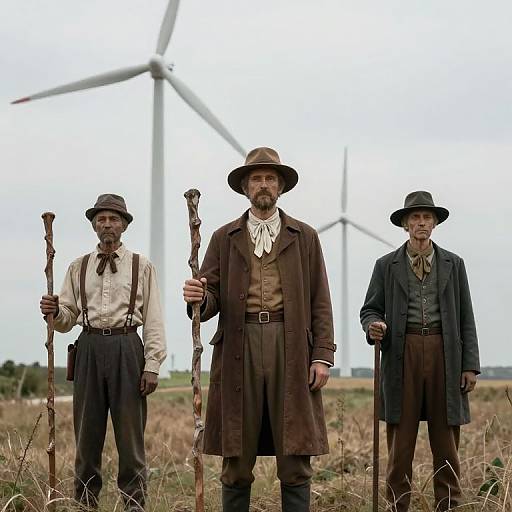 Vintage Figures Amid Wind Turbines