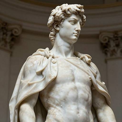 Photograph of a marble statue depicting a muscular, shirtless male figure with wavy hair, draped in a cloth, with a serious expression, set