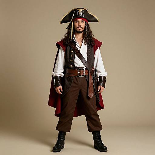 Photograph of a man in a pirate costume: white shirt, brown vest, red cloak, black pants, boots, tricorn hat, and a