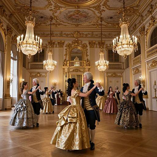 Photograph of a grand ballroom with ornate chandeliers, elderly women in elaborate gold and black gowns, dancing with younger women in similar