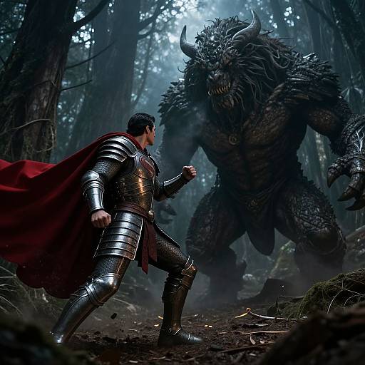 A brave armored man with a red cape confronts a towering, menacing, dark-furred monster with horns in a foggy forest. Digital fantasy artwork