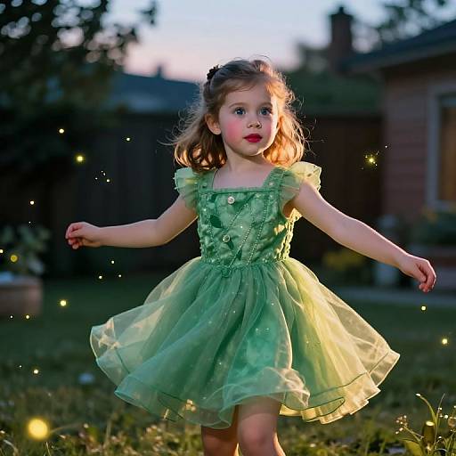 Photograph of a young girl in a green, sparkly dress twirling in a twilight garden, surrounded by glowing fireflies, with a blurred house