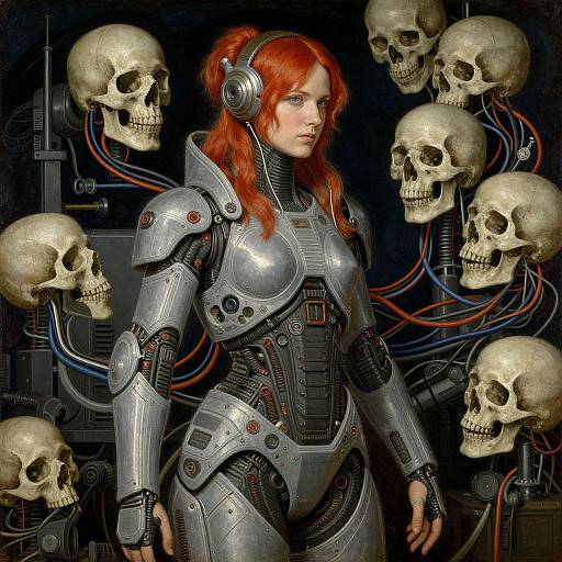 Cyberpunk Redhead with Skulls and Machines