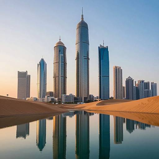 Photograph of Dubai's skyline at sunset, featuring tall, modern skyscrapers with reflective glass, mirrored in a calm water basin, set against a