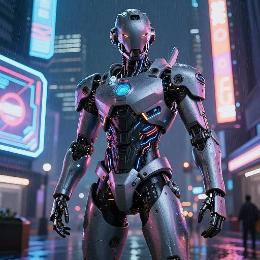 CGI image of a sleek, silver, glowing cybernetic humanoid standing in a rainy, neon-lit futuristic city street at night.