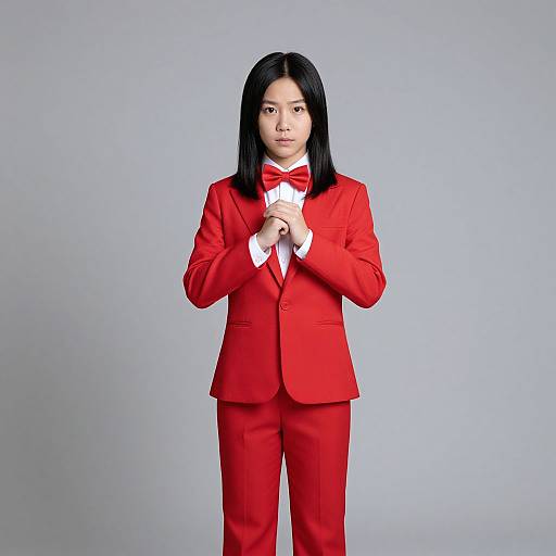 Photograph of an Asian woman with straight black hair, wearing a bright red suit and bow tie, standing against a plain gray background, clasping her