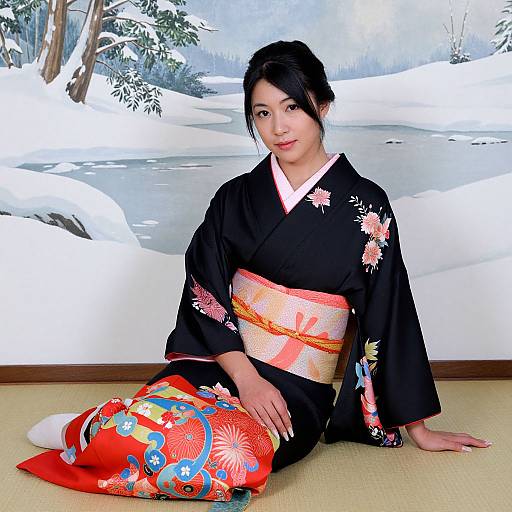 Photograph of an Asian woman in a black kimono with floral patterns, red and orange obi, and red floral pillow, sitting on tatami