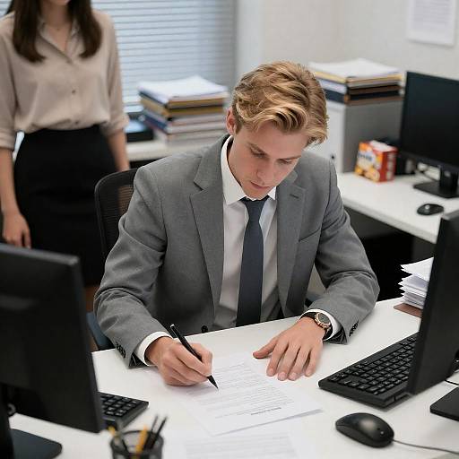 Focused Man Signing Documents in Office