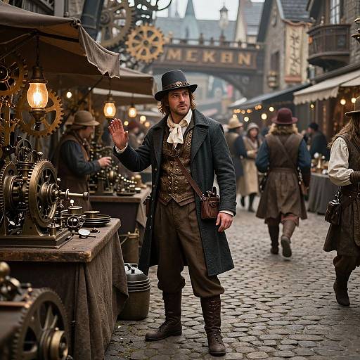 Victorian-era steampunk man in dark coat, hat, and vest, waving at a busy cobblestone market street with vintage stalls and illuminated