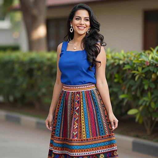Joyful Woman in Vibrant Cultural Outfit Outdoors