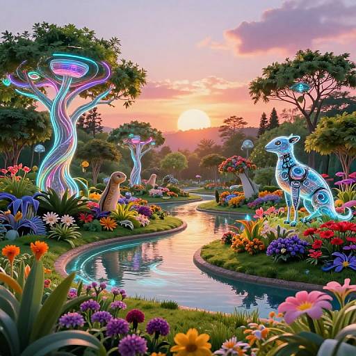 Futuristic AI Park in Sunset