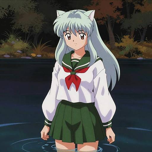 Anime Girl Standing in Forest Lake at Night
