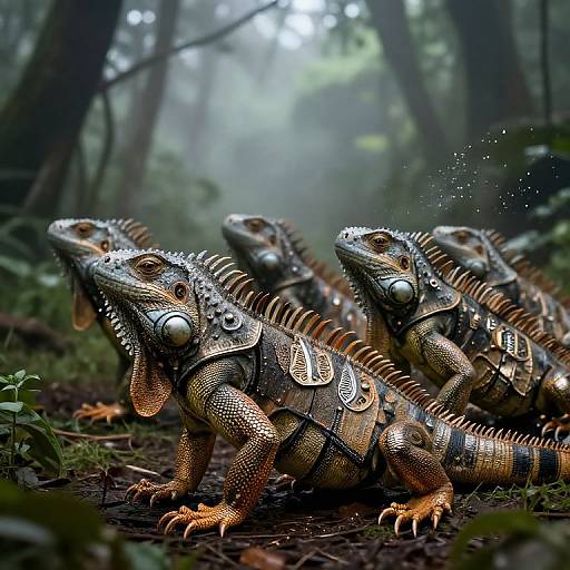 Photograph of three detailed, digitally enhanced iguanas with metallic, scaly textures, standing in a misty, forested background. Igu