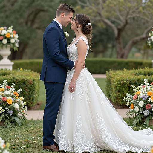 Photograph of a bride in a white lace gown and groom in a navy suit, standing in a garden, kissing, surrounded by colorful floral arrangements.