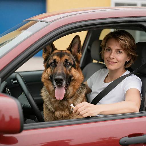 Cheerful Woman and Dog in Red Car