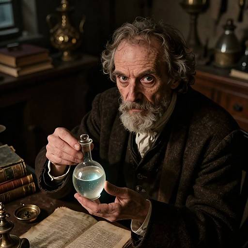 Photograph of an elderly, white-bearded man with gray hair, wearing dark clothing, holding a glass flask with clear liquid, in a dimly