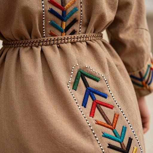 Close-up photograph of a brown, textured dress with colorful, embroidered arrow patterns in red, blue, green, and yellow, bordered by silver beads on