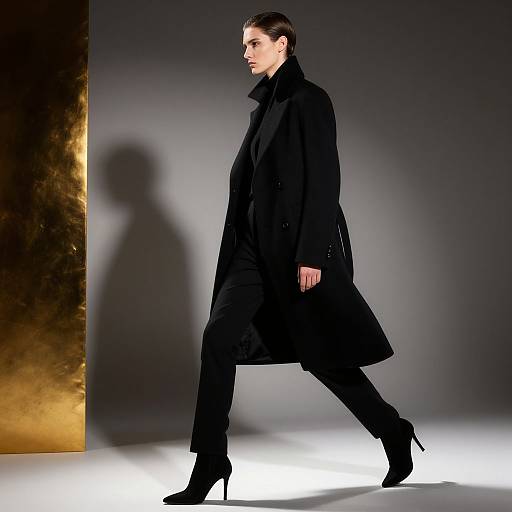 Photograph of a tall, slender, pale-skinned male model with slicked-back dark hair, wearing a long black coat, black pants, and