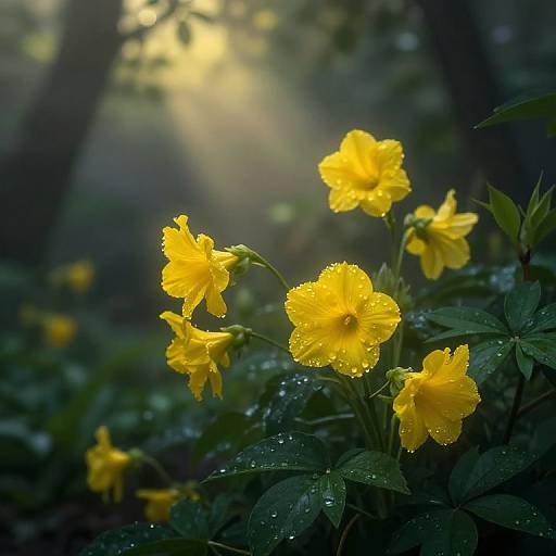 Photograph of bright yellow daffodils with dewdrops, illuminated by soft morning sunlight in a misty forest background.
