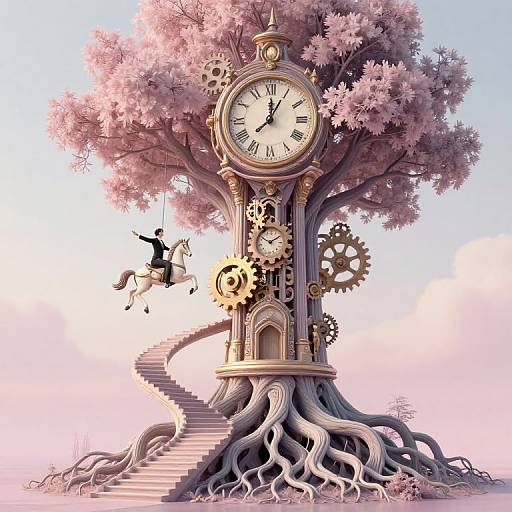 Fantastical digital art: clock tree with pink blossoms, gears, and winding staircase; a rider on a white horse leaps mid-air.