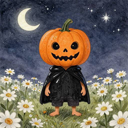 Cartoon Pumpkin Boy in Starry Field