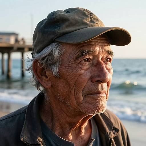 Photograph of an elderly man with wrinkled skin, gray hair, and a weathered face, wearing a worn baseball cap, standing by a sun