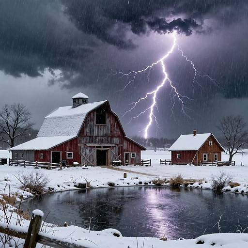 Photograph of a snow-covered barn and house with dramatic lightning bolt striking against a dark, stormy sky over a calm pond.