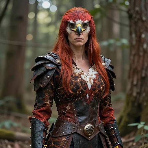 Woman in Red Tail Hawk Costume in Forest