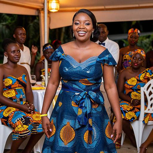Photograph of a smiling Black woman in an off-shoulder blue dress with orange and yellow patterns, standing among seated guests at an outdoor evening event