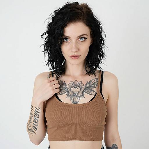 Photograph of a pale-skinned woman with black, wavy hair, wearing a brown ribbed crop top, showcasing a large floral chest tattoo and