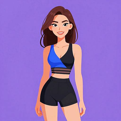 Digital illustration of a smiling woman with long brown hair, wearing a blue and black sports bra, and black shorts, against a purple background.