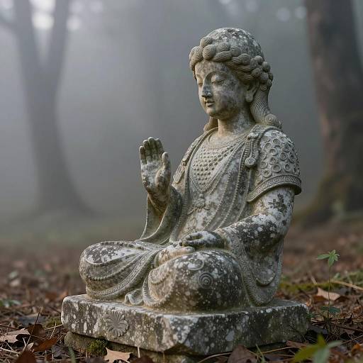 Hyperrealistic Stone Statue in Misty Forest