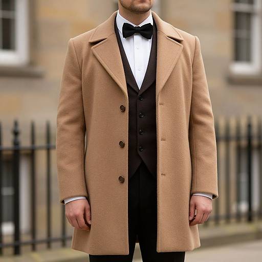Photograph of a man in a beige overcoat, black bow tie, white shirt, and black waistcoat, standing outdoors against a blurred stone building