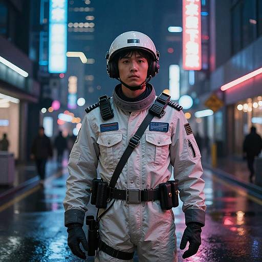 Photograph of a serious Asian male astronaut in white suit with helmet, standing in a neon-lit, rainy city street at night.