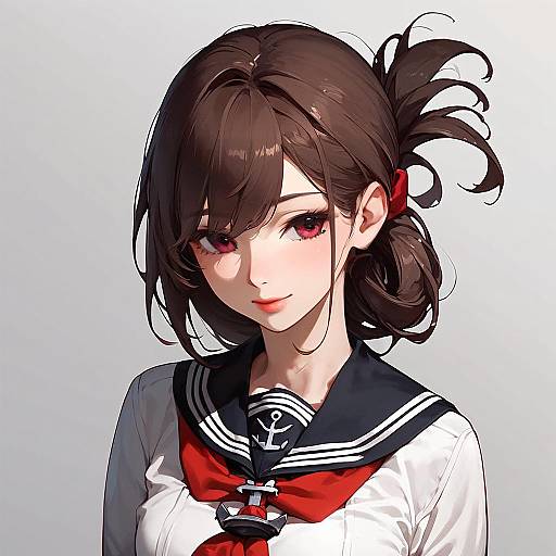 Digital anime-style portrait of a cute young girl with dark brown hair, red eyes, wearing a white sailor uniform with a red bow and black collar,