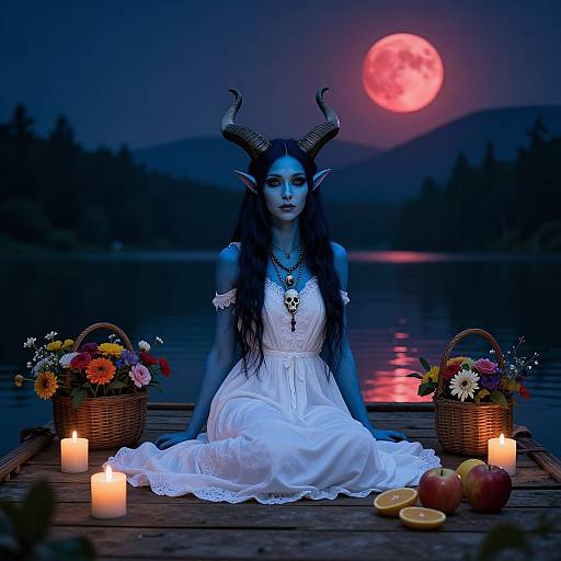 Photograph of a blue-skinned, horned, elf-like woman in a white dress, sitting on a wooden dock at night, with a full