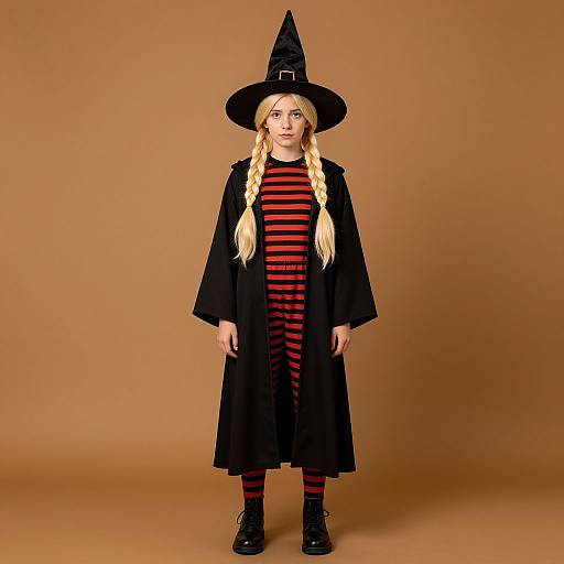 Photograph of a young blonde girl in a black witch hat, black cape, red and black striped dress, and black boots, standing against a plain
