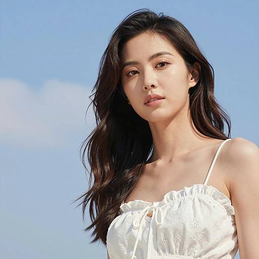 Confident Woman in White Top Against Blue Sky