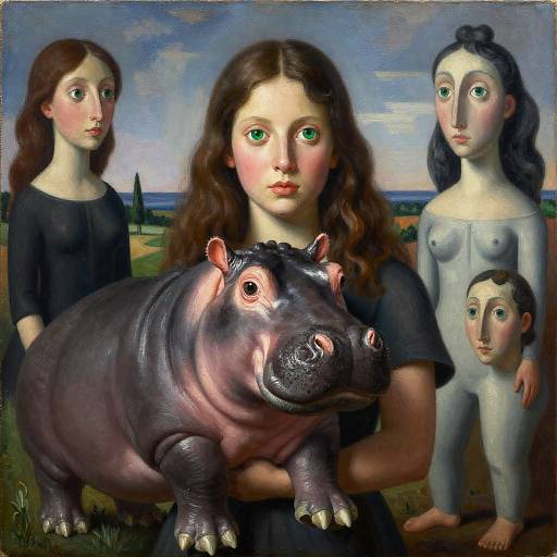 Surreal Oil Painting of Woman Holding Hippo