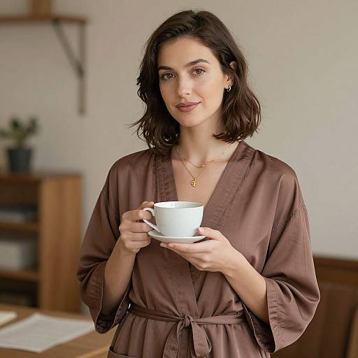 Photograph of a smiling woman with shoulder-length dark hair, wearing a brown robe, holding a white cup and saucer, in a softly lit,