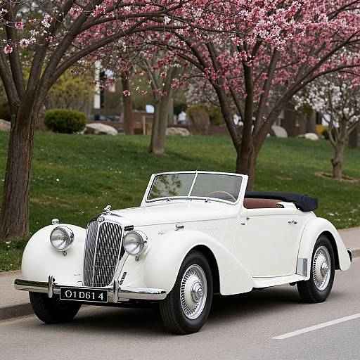Photograph of a classic white convertible car with black leather seats parked under blooming cherry trees on a suburban street.